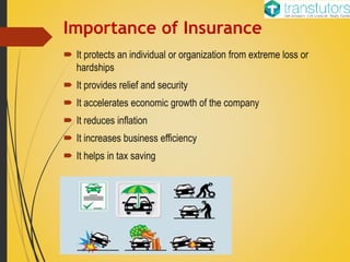 Importance of Insurance
 It protects an individual or organization from extreme loss or
hardships
 It provides relief and security
 It accelerates economic growth of the company
 It reduces inflation
 It increases business efficiency
 It helps in tax saving
 