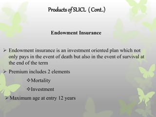 Productsof SLICL ( Cont..)
Endowment Insurance
 Endowment insurance is an investment oriented plan which not
only pays in the event of death but also in the event of survival at
the end of the term
 Premium includes 2 elements
Mortality
Investment
Maximum age at entry 12 years
 
