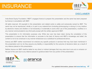 India Brand Equity Foundation (“IBEF”) engaged Aranca to prepare this presentation and the same has been prepared
by Aranca in consultation with IBEF.
All rights reserved. All copyright in this presentation and related works is solely and exclusively owned by IBEF. The
same may not be reproduced, wholly or in part in any material form (including photocopying or storing it in any medium
by electronic means and whether or not transiently or incidentally to some other use of this presentation), modified or in
any manner communicated to any third party except with the written approval of IBEF.
This presentation is for information purposes only. While due care has been taken during the compilation of this
presentation to ensure that the information is accurate to the best of Aranca and IBEF’s knowledge and belief, the
content is not to be construed in any manner whatsoever as a substitute for professional advice.
Aranca and IBEF neither recommend nor endorse any specific products or services that may have been mentioned in
this presentation and nor do they assume any liability or responsibility for the outcome of decisions taken as a result of
any reliance placed on this presentation.
Neither Aranca nor IBEF shall be liable for any direct or indirect damages that may arise due to any act or omission on
the part of the user due to any reliance placed or guidance taken from any portion of this presentation.
 