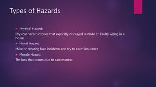 Types of Hazards
 Physical Hazard:
Physical hazard implies that explicitly displayed outside Ex: Faulty wiring in a
house
 Moral Hazard:
Make or creating fake incidents and try to claim insurance
 Morale Hazard:
The loss that occurs due to carelessness
 