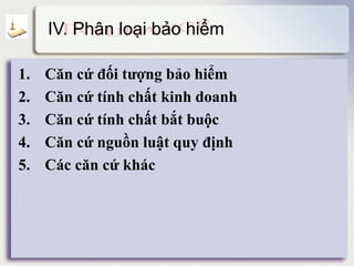 IV. Phân loại bảo hiểm
1. Căn cứ đối tượng bảo hiểm
2. Căn cứ tính chất kinh doanh
3. Căn cứ tính chất bắt buộc
4. Căn cứ nguồn luật quy định
5. Các căn cứ khác
 