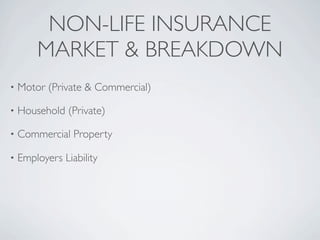 NON-LIFE INSURANCE
        MARKET & BREAKDOWN
•   Motor (Private & Commercial)

•   Household (Private)

•   Commercial Property

•   Employers Liability
 