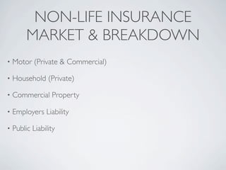 NON-LIFE INSURANCE
         MARKET & BREAKDOWN
•   Motor (Private & Commercial)

•   Household (Private)

•   Commercial Property

•   Employers Liability

•   Public Liability
 