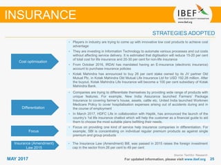 2525MAY 2017 For updated information, please visit www.ibef.org
STRATEGIES ADOPTED
INSURANCE
Source: TechSci Research
• Players in industry are trying to come up with innovative low cost products to achieve cost
advantage
• They are investing in Information Technology to automate various processes and cut costs
without affecting service delivery. It is estimated that digitisation will reduce 15-20 per cent
of total cost for life insurance and 20-30 per cent for non-life insurance
• From October 2016, IRDAI has mandated having an E-insurance (electronic insurance)
account to purchase insurance policies
• Kotak Mahindra has announced to buy 26 per cent stake owned by its JV partner Old
Mutual Plc. in Kotak Mahindra Old Mutual Life Insurance Ltd for USD 192.28 million. After
the buyout, Kotak Mahindra Life Insurance will become a 100 per cent subsidiary of Kotak
Mahindra Bank.
• Companies are trying to differentiate themselves by providing wide range of products with
unique features. For example, New India Assurance launched Farmers’ Package
Insurance to covering farmer’s house, assets, cattle etc. United India launched Workmen
Medicare Policy to cover hospitalisation expenses arising out of accidents during and in
the course of employment
• In March 2017, HDFC Life in collaboration with Haptik, has announced the launch of the
country’s 1st life insurance chatbot which will help the customer as a financial guide to aid
them to choose the most suitable plans befitting their needs.
• Focus on providing one kind of service help insurance companies in differentiation. For
example, SBI is concentrating on individual regular premium products as against single
premium and group products
Cost optimisation
Differentiation
Focus
Insurance (Amendment)
Law 2015
• The Insurance Law (Amendment) Bill, was passed in 2015 raises the foreign investment
cap in the sector from 26 per cent to 49 per cent
 
