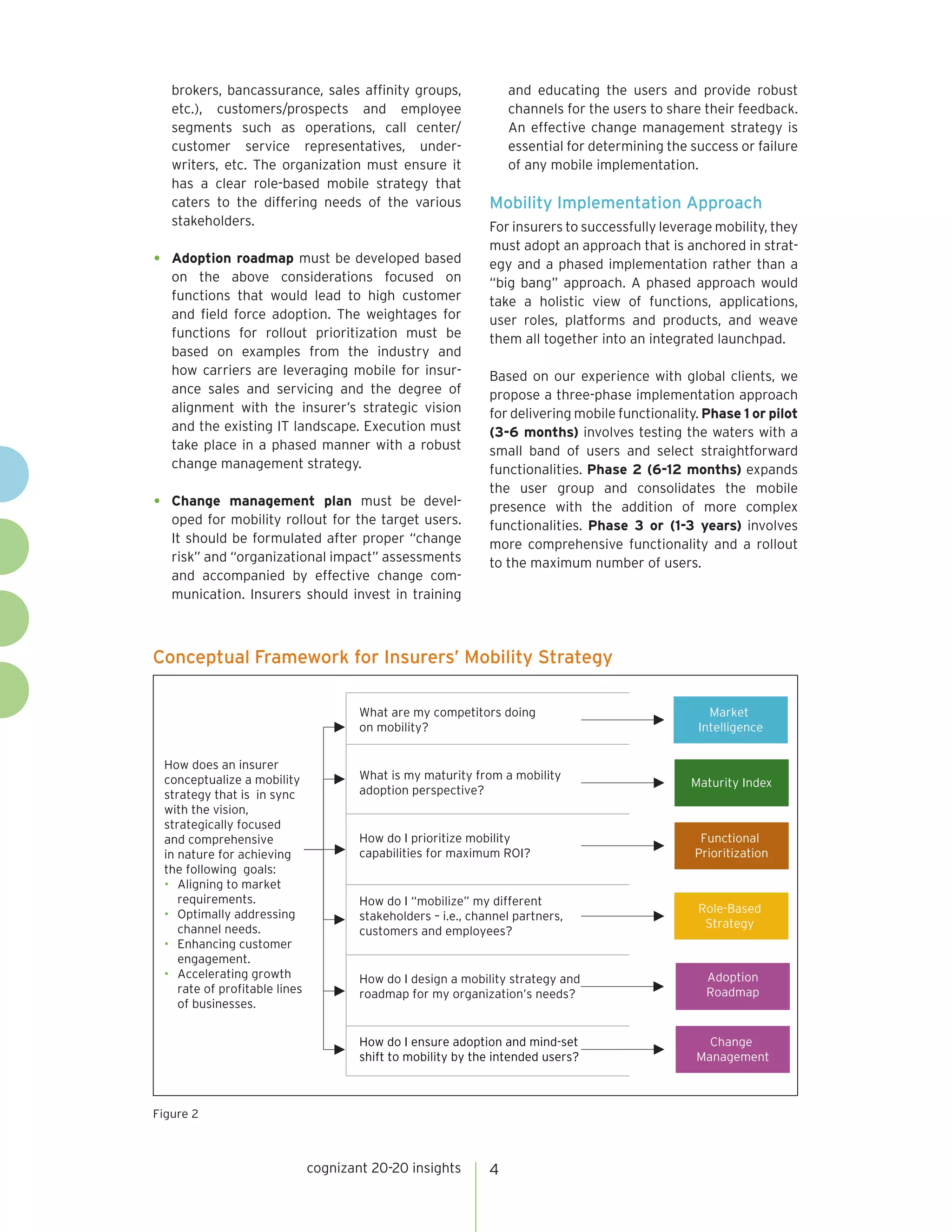 brokers, bancassurance, sales affinity groups,
etc.), customers/prospects and employee
segments such as operations, call center/
customer service representatives, underwriters, etc. The organization must ensure it
has a clear role-based mobile strategy that
caters to the differing needs of the various
stakeholders.

•	

•	

Adoption roadmap must be developed based
on the above considerations focused on
functions that would lead to high customer
and field force adoption. The weightages for
functions for rollout prioritization must be
based on examples from the industry and
how carriers are leveraging mobile for insurance sales and servicing and the degree of
alignment with the insurer’s strategic vision
and the existing IT landscape. Execution must
take place in a phased manner with a robust
change management strategy.
Change management plan must be developed for mobility rollout for the target users.
It should be formulated after proper “change
risk” and “organizational impact” assessments
and accompanied by effective change communication. Insurers should invest in training

and educating the users and provide robust
channels for the users to share their feedback.
An effective change management strategy is
essential for determining the success or failure
of any mobile implementation.

Mobility Implementation Approach
For insurers to successfully leverage mobility, they
must adopt an approach that is anchored in strategy and a phased implementation rather than a
“big bang” approach. A phased approach would
take a holistic view of functions, applications,
user roles, platforms and products, and weave
them all together into an integrated launchpad.
Based on our experience with global clients, we
propose a three-phase implementation approach
for delivering mobile functionality. Phase 1 or pilot
(3-6 months) involves testing the waters with a
small band of users and select straightforward
functionalities. Phase 2 (6-12 months) expands
the user group and consolidates the mobile
presence with the addition of more complex
functionalities. Phase 3 or (1-3 years) involves
more comprehensive functionality and a rollout
to the maximum number of users.

Conceptual Framework for Insurers’ Mobility Strategy
What are my competitors doing
on mobility?
How does an insurer
conceptualize a mobility
strategy that is in sync
with the vision,
strategically focused
and comprehensive
in nature for achieving
the following goals:
• Aligning to market
requirements.
• Optimally addressing
channel needs.
• Enhancing customer
engagement.
• Accelerating growth
rate of profitable lines
of businesses.

What is my maturity from a mobility
adoption perspective?

Market
Intelligence

Maturity Index

How do I prioritize mobility
capabilities for maximum ROI?

Functional
Prioritization

How do I “mobilize” my different
stakeholders – i.e., channel partners,
customers and employees?

Role-Based
Strategy

How do I design a mobility strategy and
roadmap for my organization’s needs?

Adoption
Roadmap

How do I ensure adoption and mind-set
shift to mobility by the intended users?

Change
Management

Figure 2

cognizant 20-20 insights

4

 