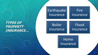 TYPES OF
PROPERTY
INSURANCE…
Earthquake
insurance
Fire
insurance
Boiler
insurance
Flood
insurance
Home
insurance
 