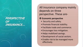 PERSPECTIVE
OF
INSURANCE…
All insurance company mainly
depends on three
perspective. These are-
 Economic perspective
• Security and safety.
• Promote financial stability.
• Facilitate trade and commerce.
• Encourages loss mitigation.
• Helps mobilized savings.
• Development of social sectors.
• Enable risk to be managed more
effectively.
 