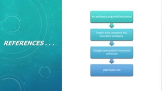 REFERENCES . . .
en.wikipedia.org/wiki/insurance
Sector wise company list/
insurance company
Google.com/search-insurance
definition
slideshare.net
 
