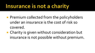  Premium collected from the policyholders
under an insurance is the cost of risk so
covered.
 Charity is given without consideration but
insurance is not possible without premium.
 