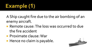 A Ship caught fire due to the air bombing of an
enemy aircraft.
 Remote cause:The loss was occurred to due
the fire accident
 Proximate clause:War
 Hence no claim is payable.
 