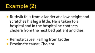  Ruthvik falls from a ladder at a low height and
scratches his leg a little. He is taken to a
hospital and in the hospital he contacts
cholera from the next bed patient and dies.
 Remote cause: Falling from ladder
 Proximate cause: Cholera
 