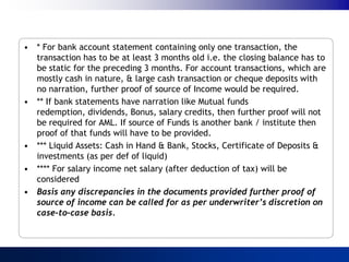 • * For bank account statement containing only one transaction, the
  transaction has to be at least 3 months old i.e. the closing balance has to
  be static for the preceding 3 months. For account transactions, which are
  mostly cash in nature, & large cash transaction or cheque deposits with
  no narration, further proof of source of Income would be required.
• ** If bank statements have narration like Mutual funds
  redemption, dividends, Bonus, salary credits, then further proof will not
  be required for AML. If source of Funds is another bank / institute then
  proof of that funds will have to be provided.
• *** Liquid Assets: Cash in Hand & Bank, Stocks, Certificate of Deposits &
  investments (as per def of liquid)
• **** For salary income net salary (after deduction of tax) will be
  considered
• Basis any discrepancies in the documents provided further proof of
  source of income can be called for as per underwriter’s discretion on
  case-to-case basis.
 