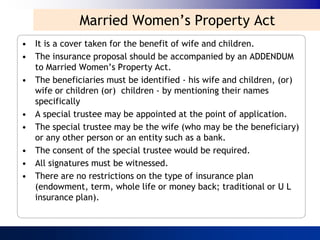 Married Women‟s Property Act
• It is a cover taken for the benefit of wife and children.
• The insurance proposal should be accompanied by an ADDENDUM
  to Married Women‟s Property Act.
• The beneficiaries must be identified - his wife and children, (or)
  wife or children (or) children - by mentioning their names
  specifically
• A special trustee may be appointed at the point of application.
• The special trustee may be the wife (who may be the beneficiary)
  or any other person or an entity such as a bank.
• The consent of the special trustee would be required.
• All signatures must be witnessed.
• There are no restrictions on the type of insurance plan
  (endowment, term, whole life or money back; traditional or U L
  insurance plan).
 