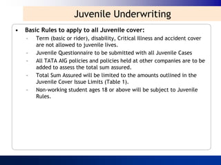 Juvenile Underwriting
•   Basic Rules to apply to all Juvenile cover:
    –   Term (basic or rider), disability, Critical Illness and accident cover
        are not allowed to juvenile lives.
    –   Juvenile Questionnaire to be submitted with all Juvenile Cases
    –   All TATA AIG policies and policies held at other companies are to be
        added to assess the total sum assured.
    –   Total Sum Assured will be limited to the amounts outlined in the
        Juvenile Cover Issue Limits (Table 1).
    –   Non-working student ages 18 or above will be subject to Juvenile
        Rules.
 