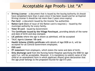 Acceptable Age Proofs- List “A”
•   Driving License – a document that is issued by the Issuing Authority (It should
    have completed more than 2 years since it has been issued and for an Expired
    Driving License it should be not more than 2 years since expiry)
•   Pan Card – a document issued by the Income Tax authorities
•   Ration Card (Date of issue of the Ration card is required.) – Issued by the
    municipal authority for every family.
•   Voter ID card – issued by Government
•   The Certificate issued by the Village Panchayat, providing details of the name
    and date of birth and duly stamped.
•   LIC policies where the age is shown as admitted, will be accepted
•   TALIC Agents License / ID card.
•   Health Scheme (CGHS) certificate with details of Age/DOB on it, will be
    accepted for all Central Government employees.
•   ESIS card
•   PF statement from employers, which states the name and date of birth.
•   Only discharge card from the Nursing home/Hospital specifying the DOB for age
    upto 5 yr. will be acceptable. However, it is mandatory to submit name of the
    child or an amendment form in which applicant (Payor) gives declaration that
    the age proof belongs to the proposed insured for age 0-5 year.
 