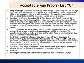 Acceptable Age Proofs- List “C”
•   Only discharge card from the Nursing home/Hospital specifying the DOB for age
    upto 5 yr. will be acceptable. However, it is mandatory to submit name of the
    child or an amendment form in which applicant (Payor) gives declaration that
    the age proof belongs to the proposed insured for age 0-5 year.
•   Baptism certificate, Municipal Birth Certificate with DOB & Name of the
    proposed Insured will be acceptable. However in case where the name of the
    child is missing in the age proof, it is mandatory to submit an amendment form
    in which applicant gives declaration that the age proof belongs to the proposed
    insured and clearly stating the name and DOB (acceptable only upto age 5
    years).
•   S.L.C. or Higher Secondary Mark list, School / College certificate/Certified
    extract from school or college/Progress Cards will be acceptable. The
    certified extracts have to be provided on the letter head of the institution duly
    signed, stamped by the Principal.
•   Certified extract from Service register in case of Govt. Employee &
    Employee of Quasi Government & Institutions belonging to Public Ltd. Cos.
    provided, conclusively evidence of age was produced at the time of recruitment
    of employees. Certified extract to be obtained on the Cos. letter pad and Cos.
    seal and countersigned by insured.
•   ID cards of only TATA Employees, Government/Semi government employees
    clearly stating the DOB will be accepted as standard age proof
•   Passport
•   Marriage Certificate of a Christian issued by a Roman Catholic Church
 