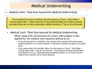 Medical Underwriting
• Medical Limit- Total Sum Assured for Medical Underwriting

     This includes the amount of Basic Life (Permanent or Term) + Term Rider +
   Critical illness rider + ½Sum Assured of Payor Benefit Rider of all TALIC policies
  (provided there are no fully underwritten Health products) + Top up Sum Assured.



• Medical Limit- Total Sum Assured for Medical Underwriting
    – Where along with conventional life covers, A&H product is also
      applied for, the medical limit would be defined as for
         • If the HP applied for is simplified, than medical limit would be Total permanent
           disability benefit+ CI or cancer benefit+ CI benefits of Health first plan for all TALIC
           plans
         • Fully underwritten life and A&H -Basic Life (Permanent or Term) + Term Rider +
           Critical illness rider + Top up Sum assured + ½Sum Assured of Payor Benefit Rider +
           Term Benefit (>4 Lac) +Total permanent disability benefit+ CI or Cancer benefit +
           Health First CI benefit (for all TALIC policies)
 