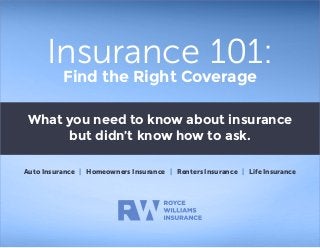 Insurance 101:
Find the Right Coverage
What you need to know about insurance
but didn’t know how to ask.
Auto Insurance | Homeowners Insurance | Renters Insurance | Life Insurance
 