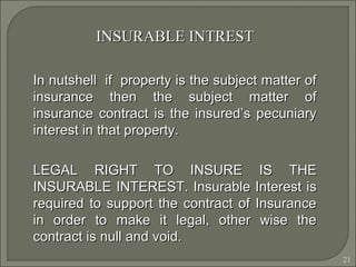 21
INSURABLE INTRESTINSURABLE INTREST
In nutshell if property is the subject matter ofIn nutshell if property is the subject matter of
insurance then the subject matter ofinsurance then the subject matter of
insurance contract is the insured’s pecuniaryinsurance contract is the insured’s pecuniary
interest in that property.interest in that property.
LEGAL RIGHT TO INSURE IS THELEGAL RIGHT TO INSURE IS THE
INSURABLE INTEREST. Insurable Interest isINSURABLE INTEREST. Insurable Interest is
required to support the contract of Insurancerequired to support the contract of Insurance
in order to make it legal, other wise thein order to make it legal, other wise the
contract is null and void.contract is null and void.
 
