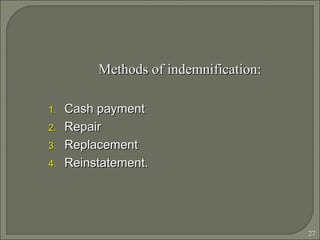 27
Methods of indemnification:Methods of indemnification:
1.1. Cash paymentCash payment
2.2. RepairRepair
3.3. ReplacementReplacement
4.4. Reinstatement.Reinstatement.
 