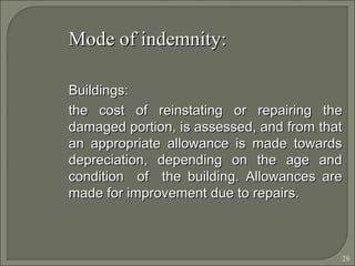 28
Mode of indemnity:Mode of indemnity:
Buildings:Buildings:
the cost of reinstating or repairing thethe cost of reinstating or repairing the
damaged portion, is assessed, and from thatdamaged portion, is assessed, and from that
an appropriate allowance is made towardsan appropriate allowance is made towards
depreciation, depending on the age anddepreciation, depending on the age and
condition of the building. Allowances arecondition of the building. Allowances are
made for improvement due to repairs.made for improvement due to repairs.
 