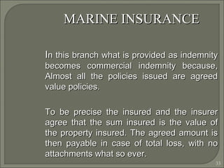 33
MARINE INSURANCEMARINE INSURANCE
IIn this branch what is provided as indemnityn this branch what is provided as indemnity
becomes commercial indemnity because,becomes commercial indemnity because,
Almost all the policies issued are agreedAlmost all the policies issued are agreed
value policies.value policies.
To be precise the insured and the insurerTo be precise the insured and the insurer
agree that the sum insured is the value ofagree that the sum insured is the value of
the property insured. The agreed amount isthe property insured. The agreed amount is
then payable in case of total loss, with nothen payable in case of total loss, with no
attachments what so ever.attachments what so ever.
 
