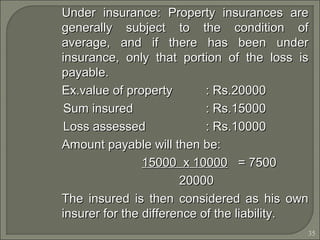 35
Under insurance: Property insurances areUnder insurance: Property insurances are
generally subject to the condition ofgenerally subject to the condition of
average, and if there has been underaverage, and if there has been under
insurance, only that portion of the loss isinsurance, only that portion of the loss is
payable.payable.
Ex.value of propertyEx.value of property : Rs.20000: Rs.20000
Sum insuredSum insured : Rs.15000: Rs.15000
Loss assessedLoss assessed : Rs.10000: Rs.10000
Amount payable will then be:Amount payable will then be:
15000 x 1000015000 x 10000 = 7500= 7500
2000020000
The insured is then considered as his ownThe insured is then considered as his own
insurer for the difference of the liability.insurer for the difference of the liability.
 