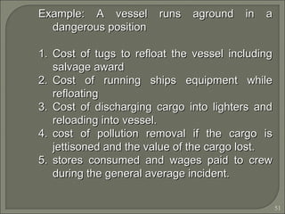 51
Example: A vessel runs aground in aExample: A vessel runs aground in a
dangerous positiondangerous position
1.1. Cost of tugs to refloat the vessel includingCost of tugs to refloat the vessel including
salvage awardsalvage award
2.2. Cost of running ships equipment whileCost of running ships equipment while
refloatingrefloating
3.3. Cost of discharging cargo into lighters andCost of discharging cargo into lighters and
reloading into vessel.reloading into vessel.
4.4. cost of pollution removal if the cargo iscost of pollution removal if the cargo is
jettisoned and the value of the cargo lost.jettisoned and the value of the cargo lost.
5.5. stores consumed and wages paid to crewstores consumed and wages paid to crew
during the general average incident.during the general average incident.
 