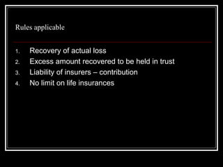 Rules applicable


1.   Recovery of actual loss
2.   Excess amount recovered to be held in trust
3.   Liability of insurers – contribution
4.   No limit on life insurances
 