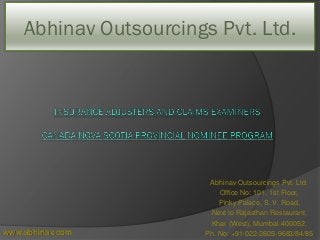 Abhinav Outsourcings Pvt. Ltd.
Office No: 101, 1st Floor,
Pinky Palace, S. V. Road,
Next to Rajasthan Restaurant,
Khar (West), Mumbai-400052,
Ph. No: +91-022-2605-9683/84/85www.abhinav.com
Abhinav Outsourcings Pvt. Ltd.
 