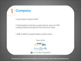 Company
Powered By
This document is proprietary to Connect2Docs, LLC and should be used by authorized individuals only.
• Launched in March 2012
• Telemedicine industry is expected to grow at 75%
compounded annually for the next four years
• 30% to 40% of medical bills contain errors
 