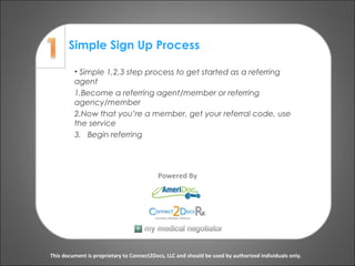 Simple Sign Up Process
Powered By
This document is proprietary to Connect2Docs, LLC and should be used by authorized individuals only.
• Simple 1,2,3 step process to get started as a referring
agent
1.Become a referring agent/member or referring
agency/member
2.Now that you’re a member, get your referral code, use
the service
3. Begin referring
 