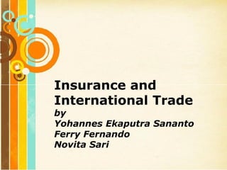 Insurance and
Free Powerpoint Templates
Page 1
Free Powerpoint Templates
Insurance and
International Trade
by
Yohannes Ekaputra Sananto
Ferry Fernando
Novita Sari
 