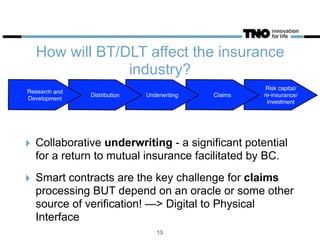 How will BT/DLT affect the insurance
industry?
‣ Collaborative underwriting - a significant potential
for a return to mutual insurance facilitated by BC.
‣ Smart contracts are the key challenge for claims
processing BUT depend on an oracle or some other
source of verification! —> Digital to Physical
Interface
13
Risk capital/
re-insurance/
investment
Distribution ClaimsUnderwritingDistribution
Research and
Development
 