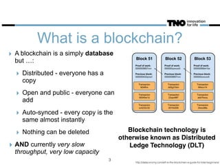 What is a blockchain?
‣ A blockchain is a simply database
but …:
‣ Distributed - everyone has a
copy
‣ Open and public - everyone can
add
‣ Auto-synced - every copy is the
same almost instantly
‣ Nothing can be deleted
‣ AND currently very slow
throughput, very low capacity
3
http://dataconomy.com/wtf-is-the-blockchain-a-guide-for-total-beginners/
Blockchain technology is
otherwise known as Distributed
Ledge Technology (DLT)
 