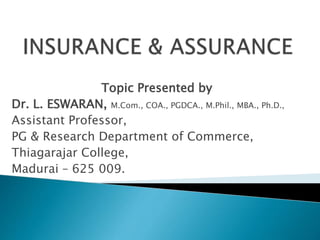 Topic Presented by
Dr. L. ESWARAN, M.Com., COA., PGDCA., M.Phil., MBA., Ph.D.,
Assistant Professor,
PG & Research Department of Commerce,
Thiagarajar College,
Madurai – 625 009.
 