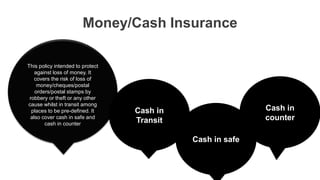 Money/Cash Insurance
This policy intended to protect
against loss of money. It
covers the risk of loss of
money/cheques/postal
orders/postal stamps by
robbery or theft or any other
cause whilst in transit among
places to be pre-defined. It
also cover cash in safe and
cash in counter
Cash in
Transit
Cash in safe
Cash in
counter
 