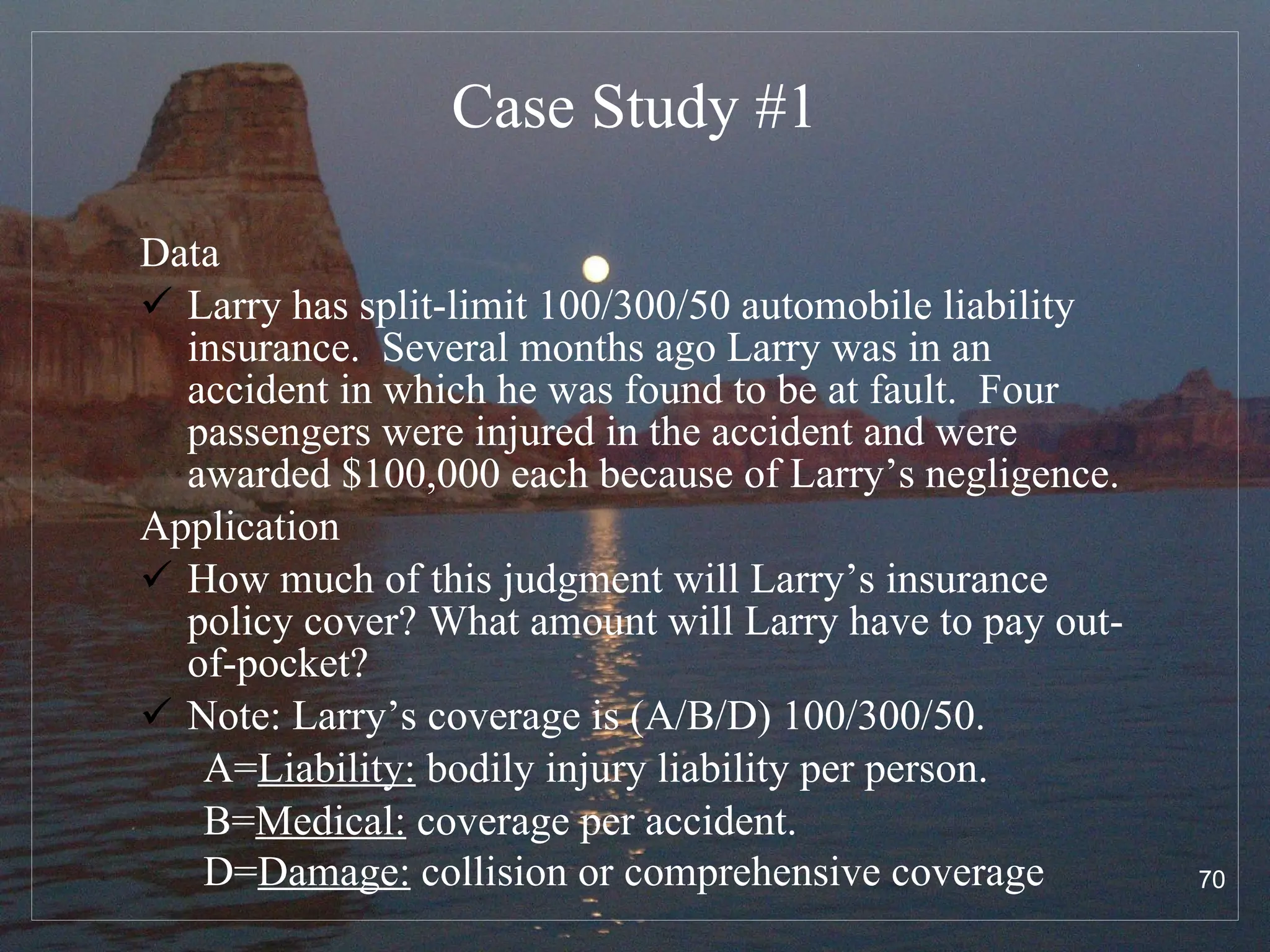 Case Study #1 Data Larry has split-limit 100/300/50 automobile liability insurance.  Several months ago Larry was in an accident in which he was found to be at fault.  Four passengers were injured in the accident and were awarded $100,000 each because of Larry’s negligence.  Application How much of this judgment will Larry’s insurance policy cover? What amount will Larry have to pay out-of-pocket? Note: Larry’s coverage is (A/B/D) 100/300/50. A= Liability:  bodily injury liability per person. B= Medical:  coverage per accident. D= Damage:  collision or comprehensive coverage   