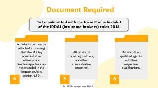 Document Required
To be submitted with the form C of schedule I
of the IRDAI (insurance brokers) rules 2018
4
A declaration must be
attached expressing
that the PO, key
administrative
officers, and
directors/partners are
not excluded in the
Insurance Act’s
section 42 D.
5
All details of
directors, partners,
and other
administrative
personnel.
6
Details of two
qualified agents
with their
respective
qualifications.
MUDS Management Pvt. Ltd.
 
