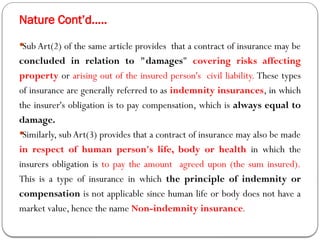 Nature Cont’d…..
Sub Art(2) of the same article provides that a contract of insurance may be
concluded in relation to "damages" covering risks affecting
property or arising out of the insured person's civil liability. These types
of insurance are generally referred to as indemnity insurances, in which
the insurer's obligation is to pay compensation, which is always equal to
damage.
Similarly, sub Art(3) provides that a contract of insurance may also be made
in respect of human person's life, body or health in which the
insurers obligation is to pay the amount agreed upon (the sum insured).
This is a type of insurance in which the principle of indemnity or
compensation is not applicable since human life or body does not have a
market value, hence the name Non-indemnity insurance.
 