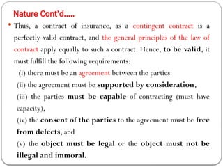 Nature Cont’d…..
 Thus, a contract of insurance, as a contingent contract is a
perfectly valid contract, and the general principles of the law of
contract apply equally to such a contract. Hence, to be valid, it
must fulfill the following requirements:
(i) there must be an agreement between the parties
(ii) the agreement must be supported by consideration,
(iii) the parties must be capable of contracting (must have
capacity),
(iv) the consent of the parties to the agreement must be free
from defects, and
(v) the object must be legal or the object must not be
illegal and immoral.
 