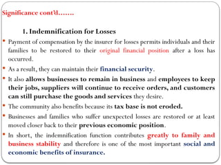 Significance cont’d…….
1. Indemnification for Losses
 Payment of compensation by the insurer for losses permits individuals and their
families to be restored to their original financial position after a loss has
occurred.
 As a result, they can maintain their financial security.
 It also allows businesses to remain in business and employees to keep
their jobs, suppliers will continue to receive orders, and customers
can still purchase the goods and services they desire.
 The community also benefits because its tax base is not eroded.
 Businesses and families who suffer unexpected losses are restored or at least
moved closer back to their previous economic position.
 In short, the indemnification function contributes greatly to family and
business stability and therefore is one of the most important social and
economic benefits of insurance.
 