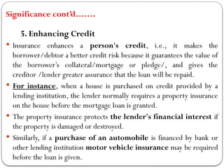 Significance cont’d…….
5. Enhancing Credit
 Insurance enhances a person's credit, i.e., it makes the
borrower/debtor a better credit risk because it guarantees the value of
the borrower’s collateral/mortgage or pledge/, and gives the
creditor /lender greater assurance that the loan will be repaid.
 For instance, when a house is purchased on credit provided by a
lending institution, the lender normally requires a property insurance
on the house before the mortgage loan is granted.
 The property insurance protects the lender's financial interest if
the property is damaged or destroyed.
 Similarly, if a purchase of an automobile is financed by bank or
other lending institution motor vehicle insurance may be required
before the loan is given.
 
