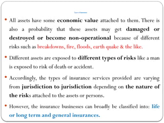 Types of Insurance
 All assets have some economic value attached to them. There is
also a probability that these assets may get damaged or
destroyed or become non-operational because of different
risks such as breakdowns, fire, floods, earth quake & the like.
 Different assets are exposed to different types of risks like a man
is exposed to risk of death or accident.
 Accordingly, the types of insurance services provided are varying
from jurisdiction to jurisdiction depending on the nature of
the risks attached to the assets or persons.
 However, the insurance businesses can broadly be classified into: life
or long term and general insurances.
 