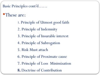 Basic Principles cont’d……
These are:
1. Principle of Utmost good faith
2. Principle of Indemnity
3. Principle of Insurable interest
4. Principle of Subrogation
5. Risk Must attach
6. Principle of Proximate cause
7. Principle of Loss Minimization
8. Doctrine of Contribution
 