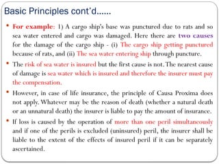 Basic Principles cont’d……
 For example: 1) A cargo ship's base was punctured due to rats and so
sea water entered and cargo was damaged. Here there are two causes
for the damage of the cargo ship - (i) The cargo ship getting punctured
because of rats, and (ii) The sea water entering ship through puncture.
 The risk of sea water is insured but the first cause is not.The nearest cause
of damage is sea water which is insured and therefore the insurer must pay
the compensation.
 However, in case of life insurance, the principle of Causa Proxima does
not apply.Whatever may be the reason of death (whether a natural death
or an unnatural death) the insurer is liable to pay the amount of insurance.
 If loss is caused by the operation of more than one peril simultaneously
and if one of the perils is excluded (uninsured) peril, the insurer shall be
liable to the extent of the effects of insured peril if it can be separately
ascertained.
 