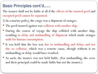 Basic Principles cont’d……
The insurer shall not be liable at all if the effects of the insured peril and
excepted peril cannot be separated.
2) In a marine policy, the cargo was a shipment of oranges.
 The peril insured against was collision with another ship.
 During the course of voyage the ship collided with another ship,
resulting in delay and mishandling of shipment which made oranges
unfit for human consumption.
 It was held that the loss was due to mishandling and delays and not
due to collision, which was a remote cause, though without it no
mishandling or delay would have resulted.
 As such, the insurer was not held liable. (For mishandling, the crew
and their principal could be made liable but not the insurer.)
 
