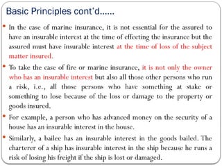 Basic Principles cont’d……
 In the case of marine insurance, it is not essential for the assured to
have an insurable interest at the time of effecting the insurance but the
assured must have insurable interest at the time of loss of the subject
matter insured.
 To take the case of fire or marine insurance, it is not only the owner
who has an insurable interest but also all those other persons who run
a risk, i.e., all those persons who have something at stake or
something to lose because of the loss or damage to the property or
goods insured.
 For example, a person who has advanced money on the security of a
house has an insurable interest in the house.
 Similarly, a bailee has an insurable interest in the goods bailed. The
charterer of a ship has insurable interest in the ship because he runs a
risk of losing his freight if the ship is lost or damaged.
 