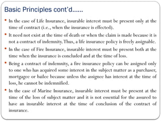 Basic Principles cont’d……
 In the case of Life Insurance, insurable interest must be present only at the
time of contract (i.e., when the insurance is effected).
 It need not exist at the time of death or when the claim is made because it is
not a contract of indemnity.Thus, a life insurance policy is freely assignable.
 In the case of Fire Insurance, insurable interest must be present both at the
time when the insurance is concluded and at the time of loss.
 Being a contract of indemnity, a fire insurance policy can be assigned only
to one who has acquired some interest in the subject matter as a purchaser,
mortgagee or bailee because unless the assignee has interest at the time of
loss, he cannot be indemnified.
 In the case of Marine Insurance, insurable interest must be present at the
time of the loss of subject matter and it is not essential for the assured to
have an insurable interest at the time of conclusion of the contract of
insurance.
 
