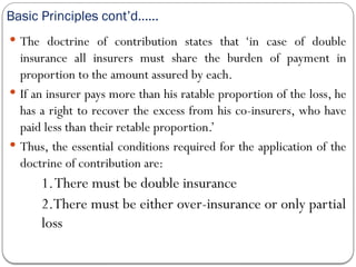 Basic Principles cont’d……
 The doctrine of contribution states that ‘in case of double
insurance all insurers must share the burden of payment in
proportion to the amount assured by each.
 If an insurer pays more than his ratable proportion of the loss, he
has a right to recover the excess from his co-insurers, who have
paid less than their retable proportion.’
 Thus, the essential conditions required for the application of the
doctrine of contribution are:
1.There must be double insurance
2.There must be either over-insurance or only partial
loss
 